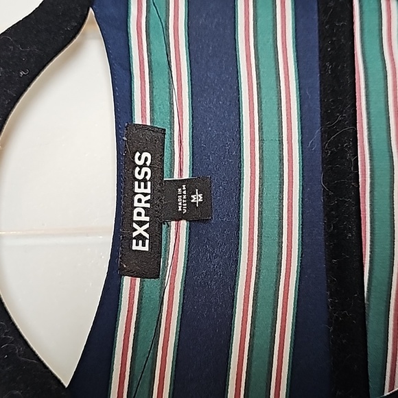 Express m navy blue/green/reddish pink striped long sleeve blouse - Picture 2 of 13
